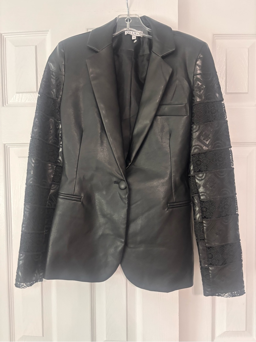 Ooh la la Black Faux Leather Blazer with Lace Sleeves size 4